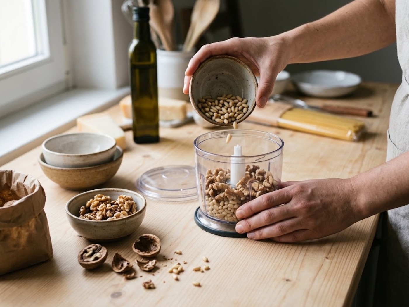 Linguine al pesto di noci, passaggio 1