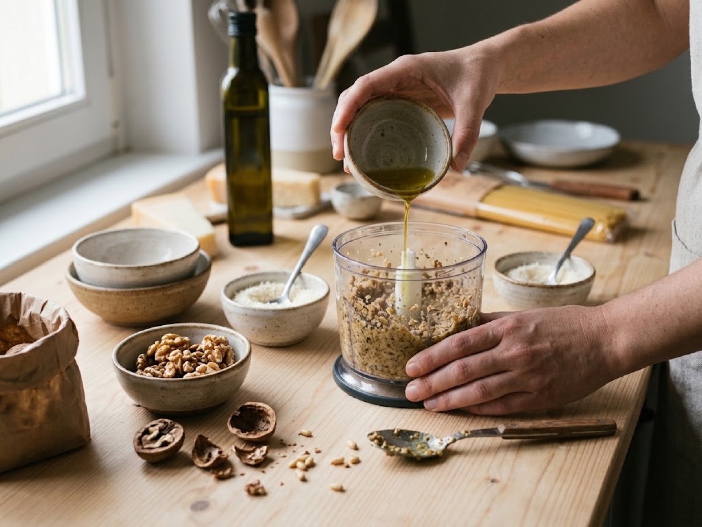 Linguine al pesto di noci, passaggio 2