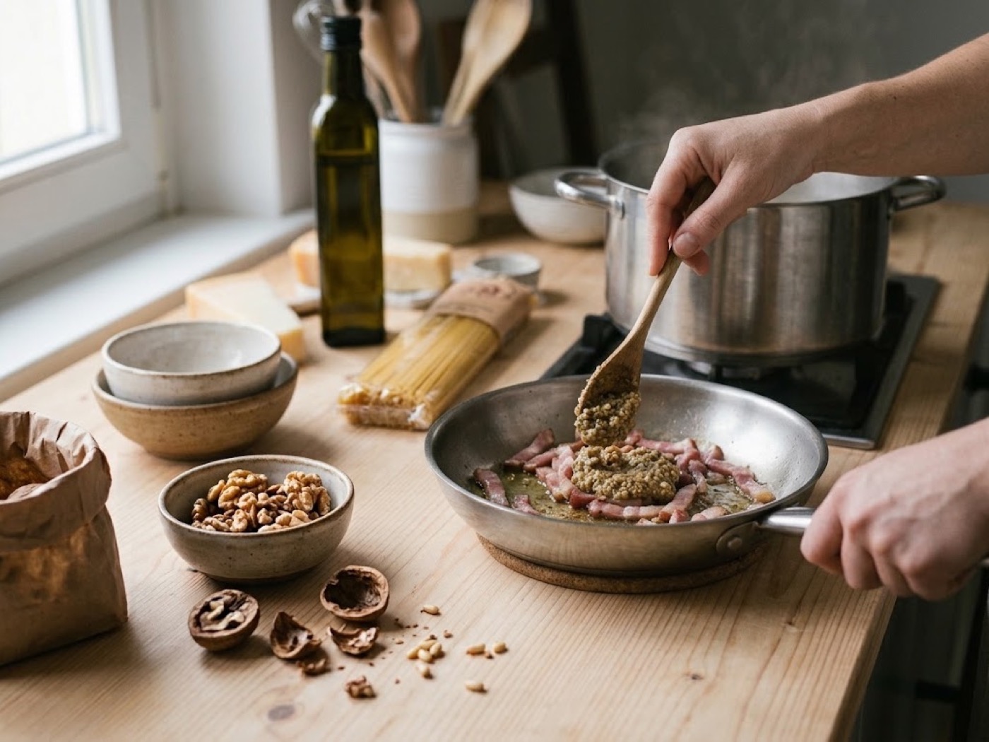 Linguine al pesto di noci, passaggio 4