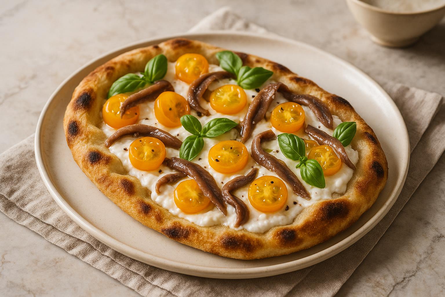 Pinsa Stracciatella Alici e Datterini Gialli