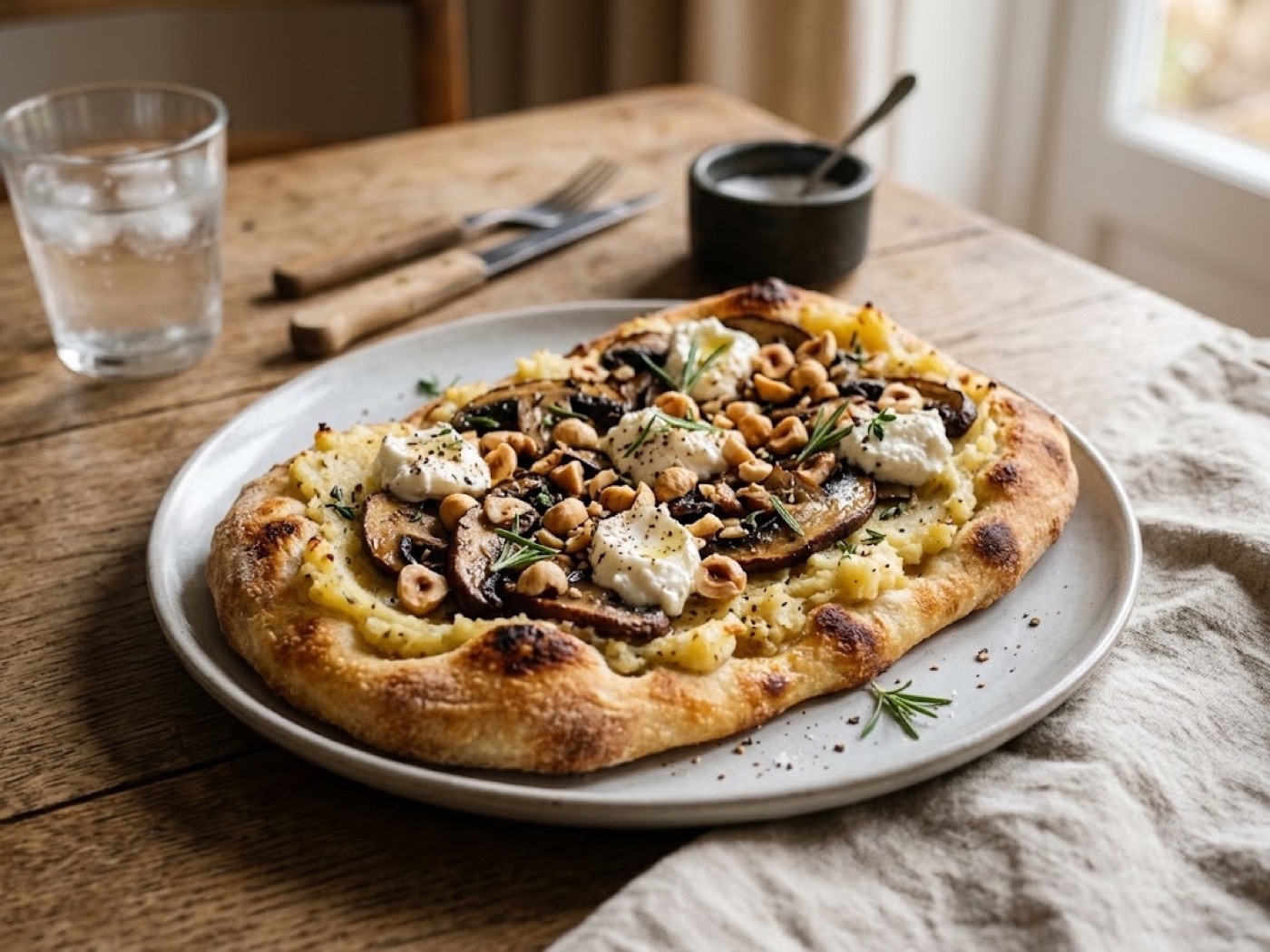 Pinsa con crema di patate e funghi