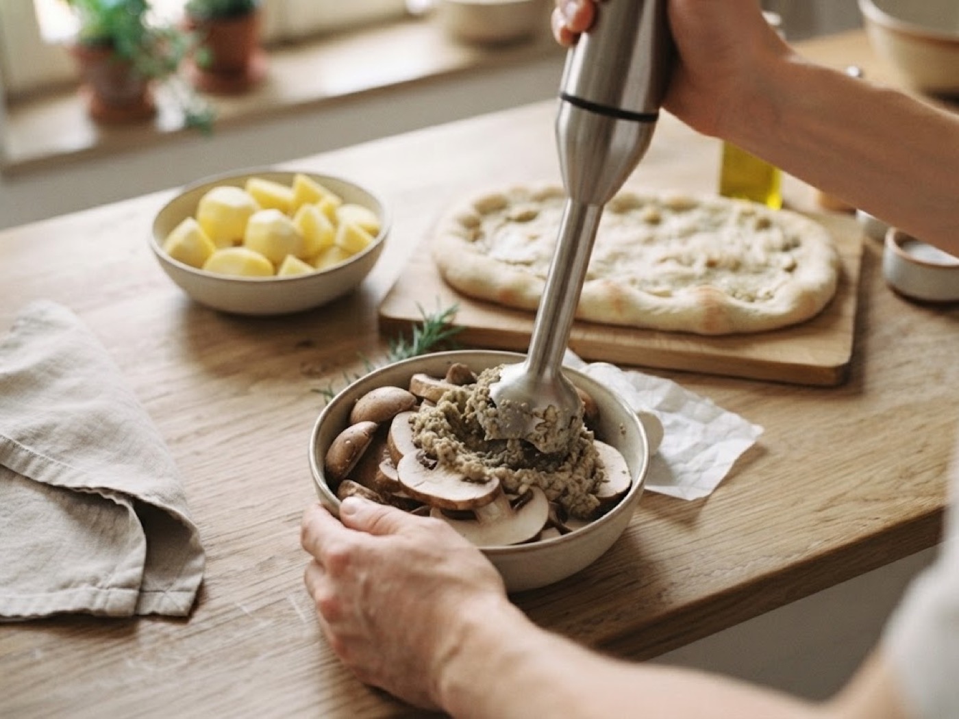 Pinsa con crema di patate e funghi, passaggio 2