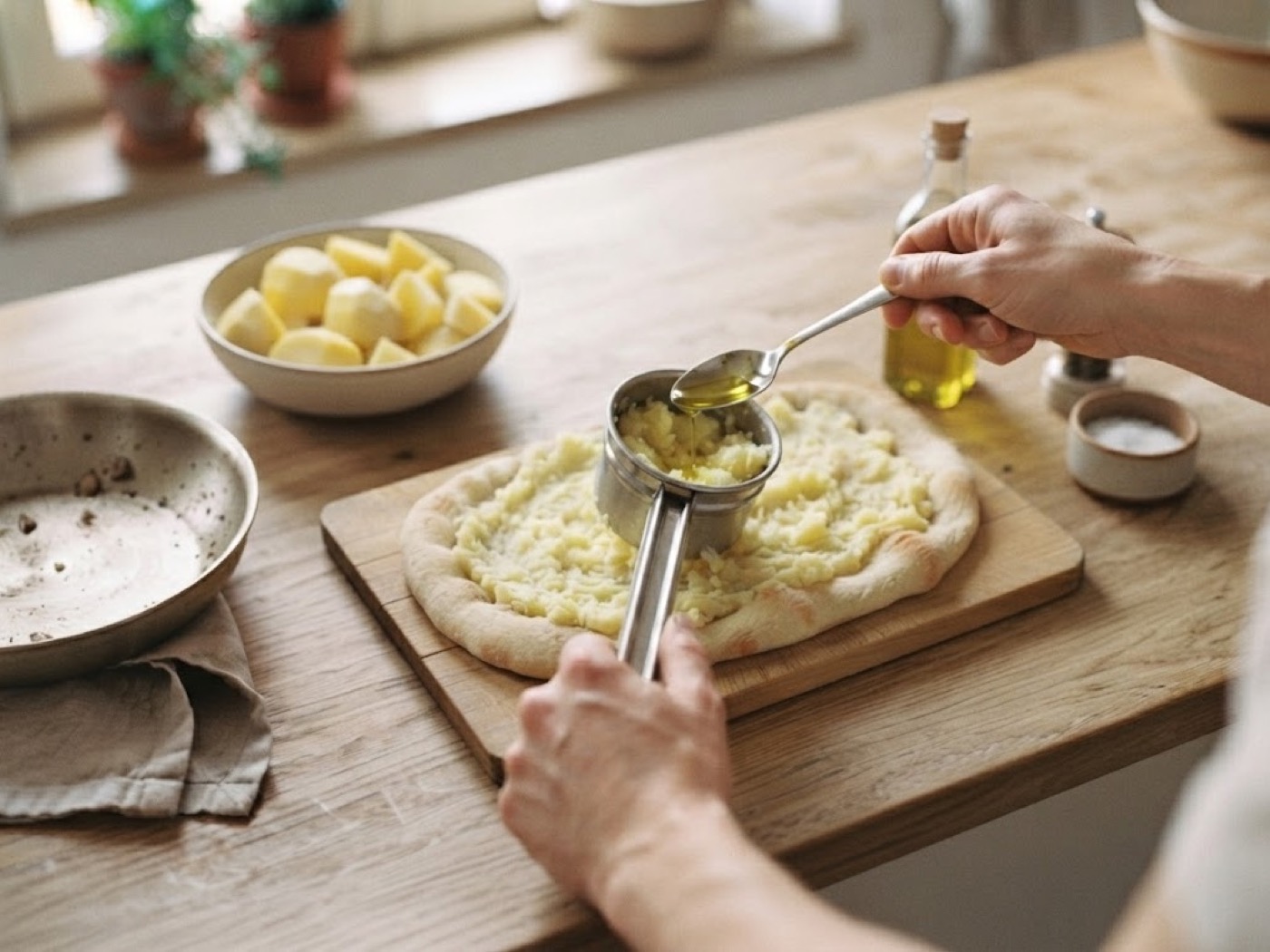 Pinsa con crema di patate e funghi, passaggio 4