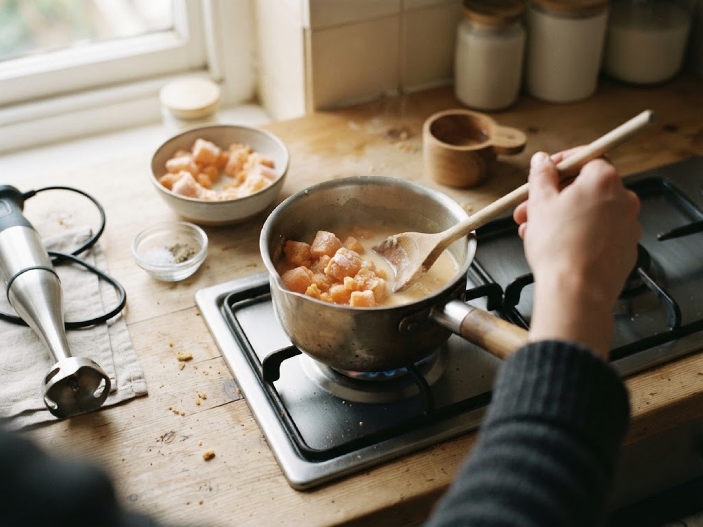 Vellutata di patate e pancetta, passaggio 1