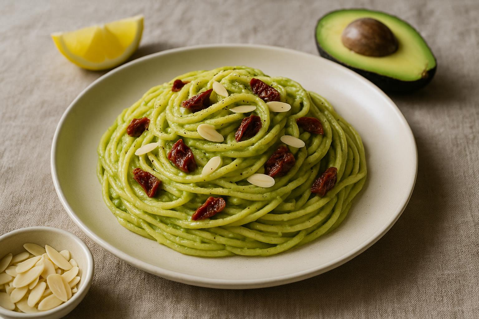 Pasta con avocado e pomodorini secchi