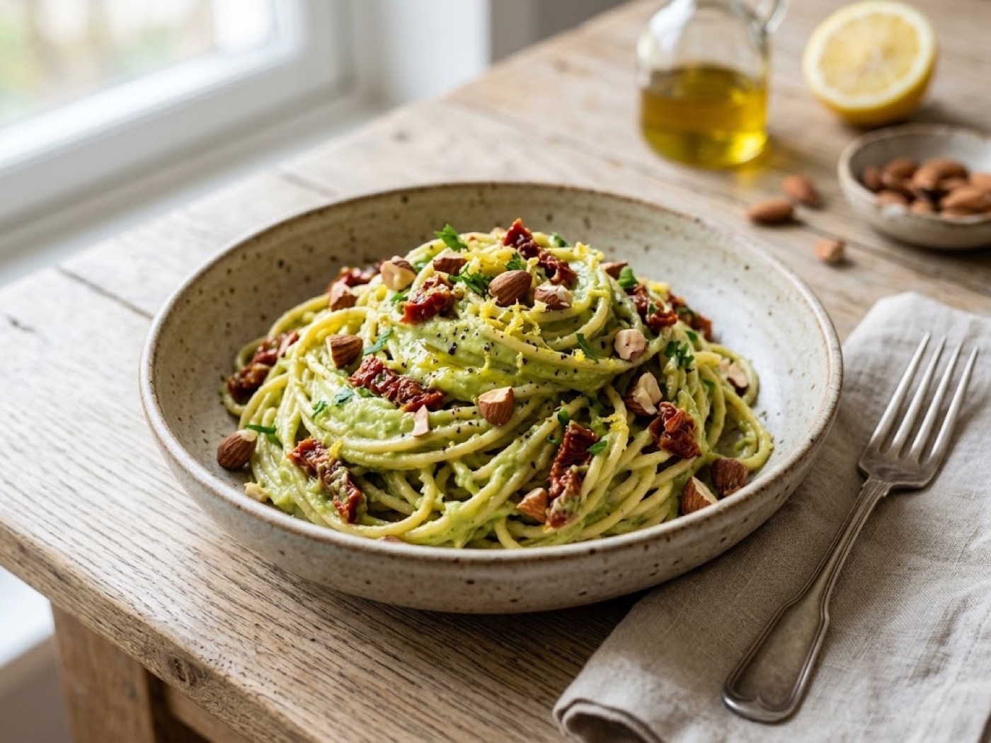 Pasta con avocado e pomodorini secchi