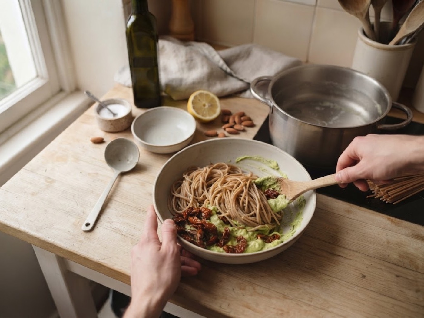 Pasta con avocado e pomodorini secchi, passaggio 5