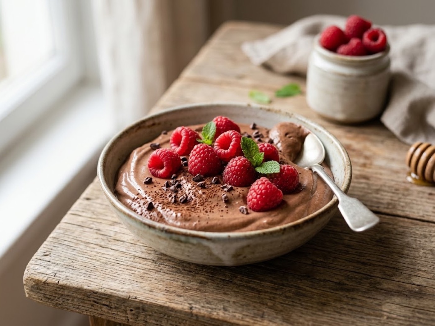 Mousse di yogurt al cacao e lamponi