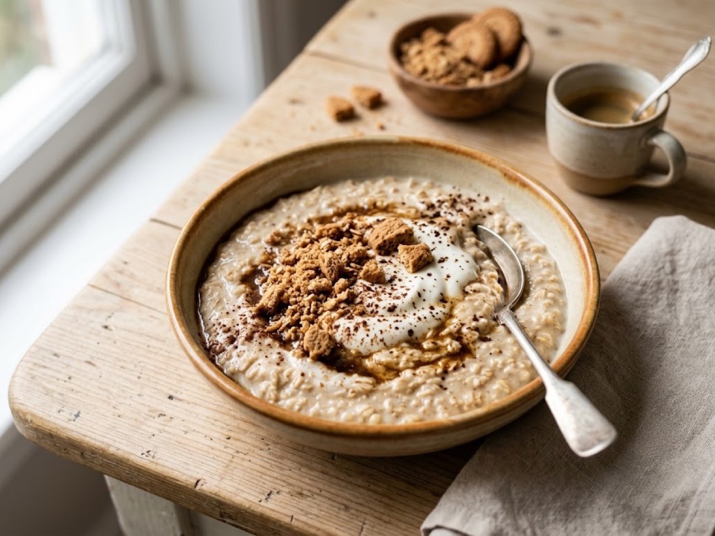 Porridge con caffè e biscotti
