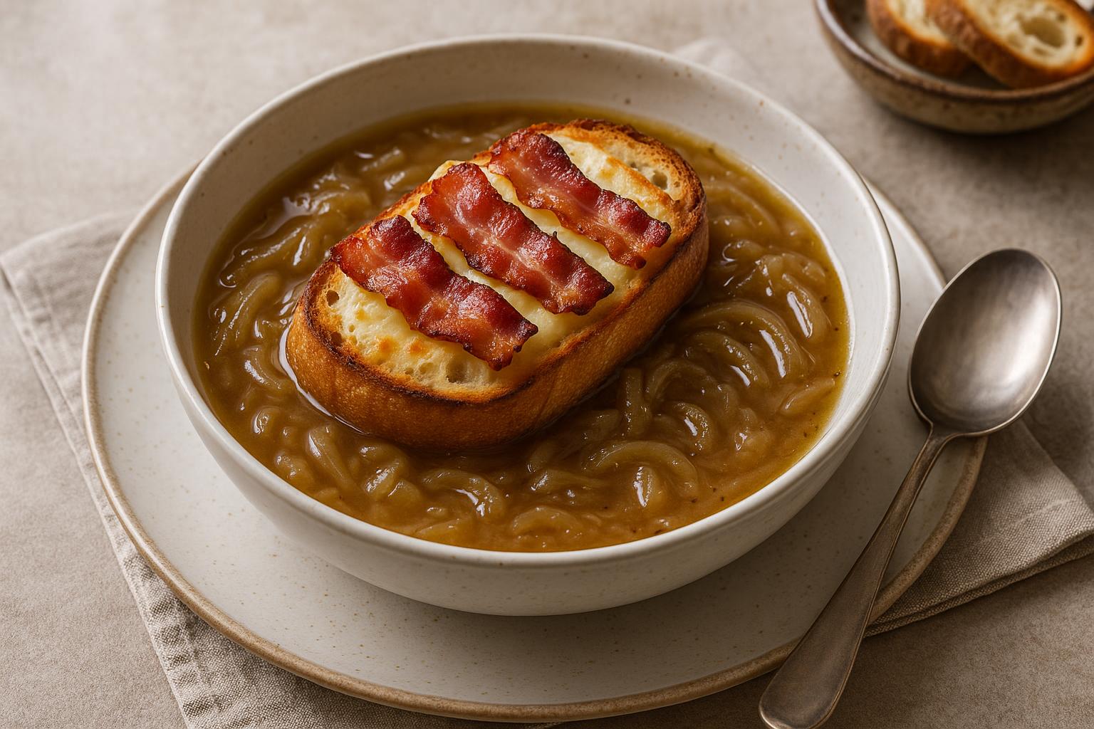 Zuppa di cipolla con crostone pancetta