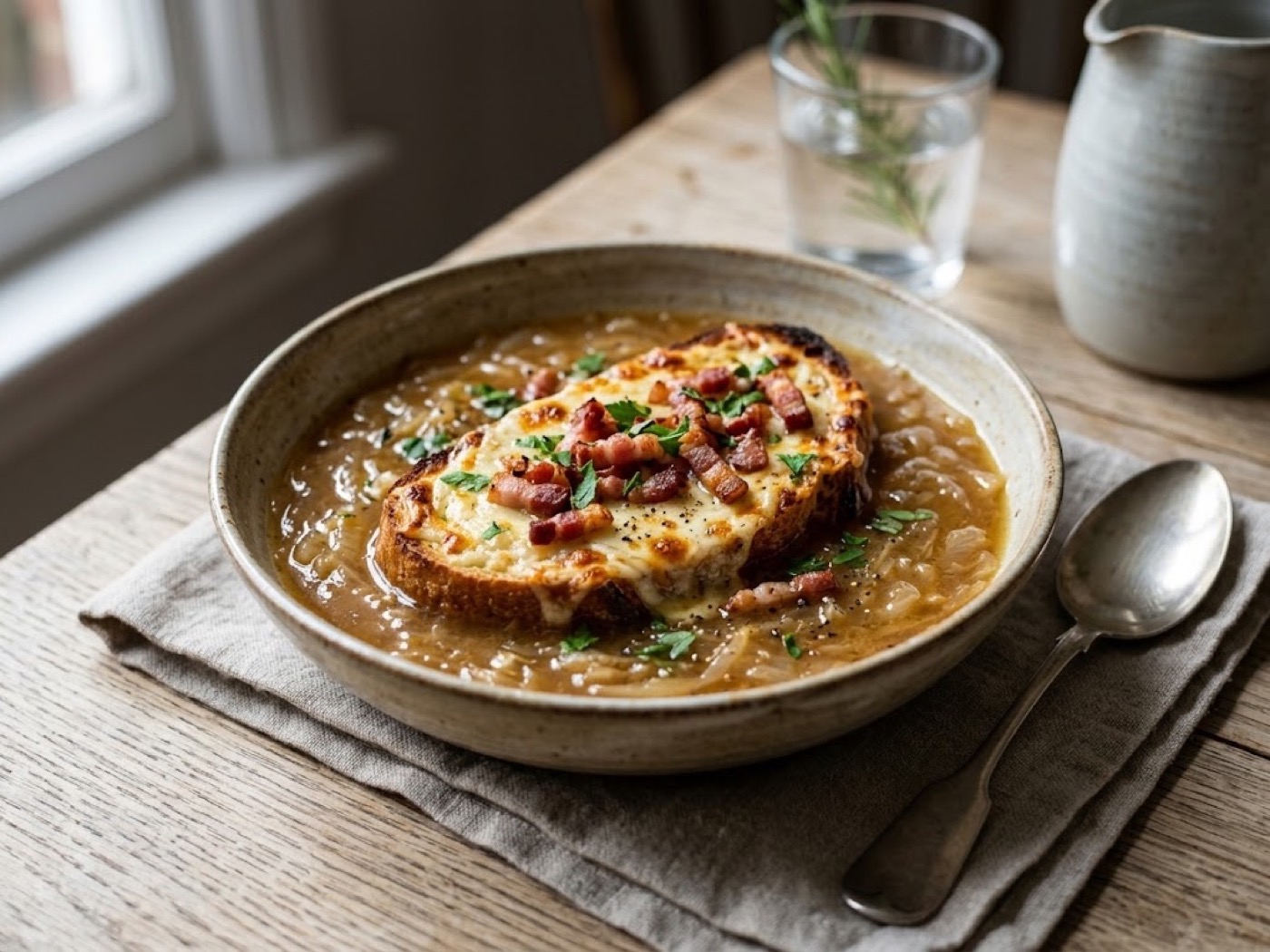 Zuppa di cipolla con crostone pancetta