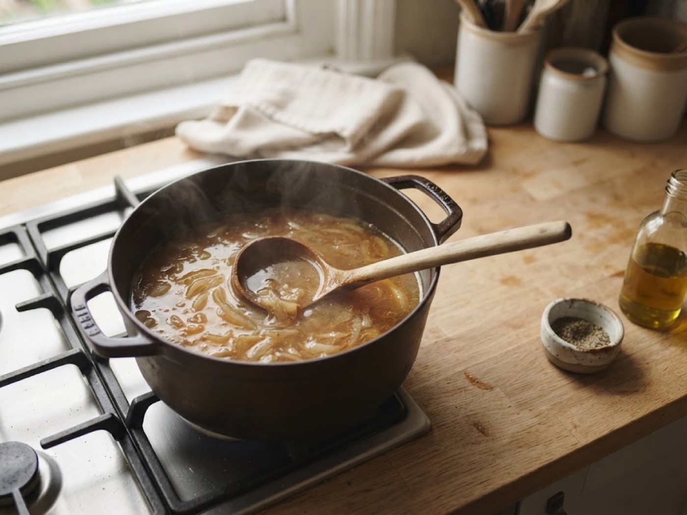 Zuppa di cipolla con crostone pancetta, passaggio 2