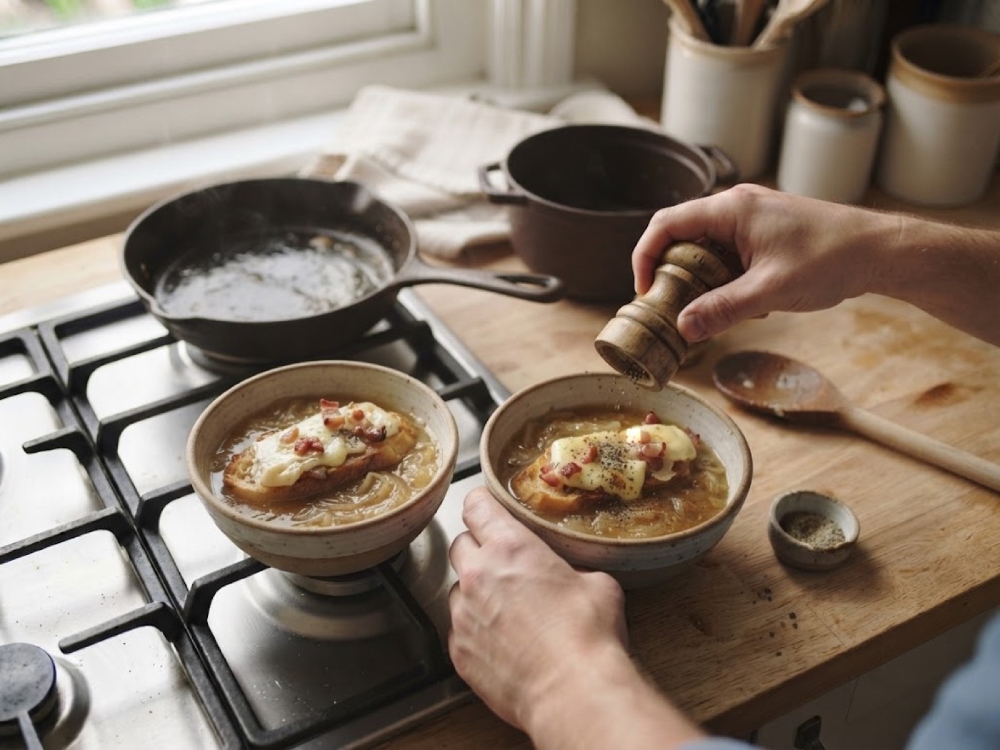Zuppa di cipolla con crostone pancetta, passaggio 5