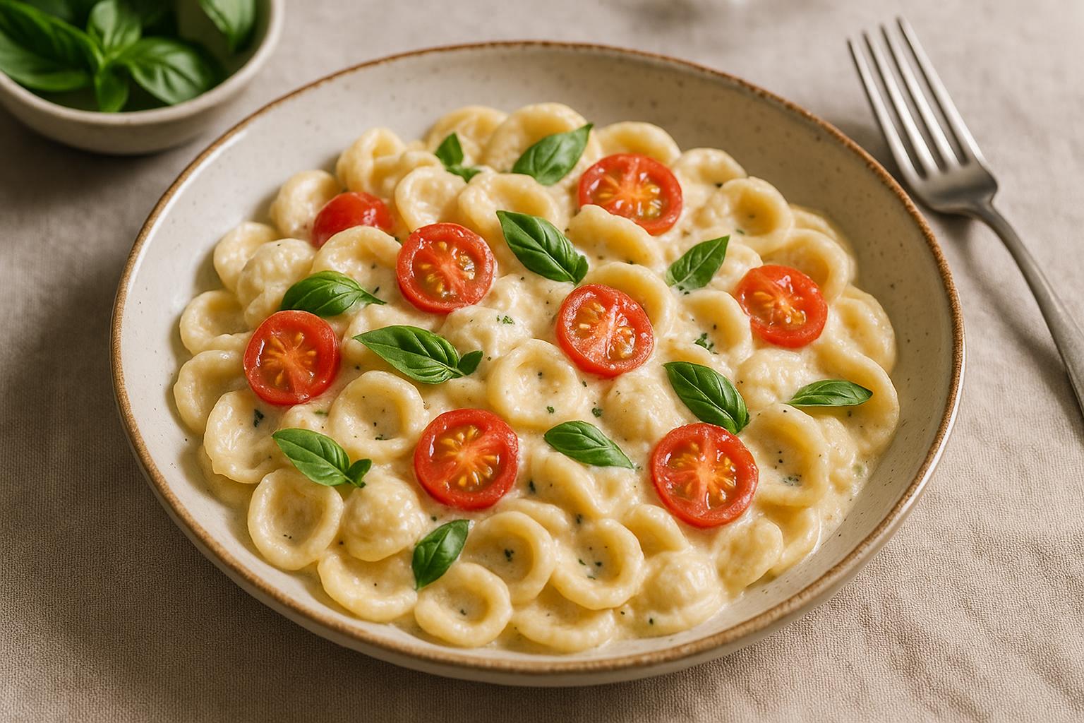Orecchiette con Ricotta, Basilico e Pomodorini