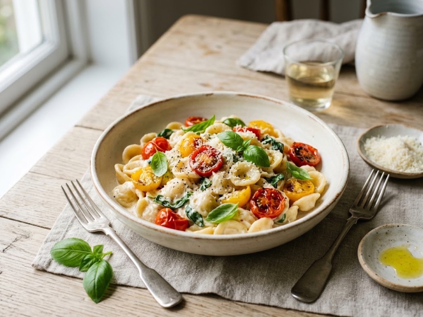 Orecchiette con Ricotta, Basilico e Pomodorini
