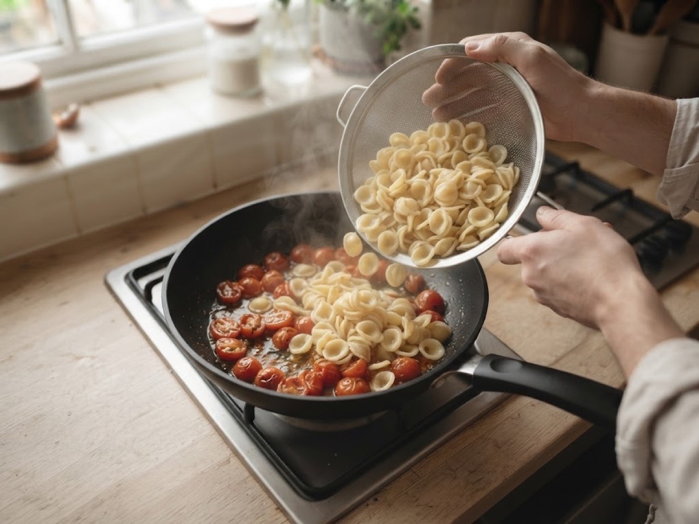 Orecchiette con Ricotta, Basilico e Pomodorini, passaggio 5