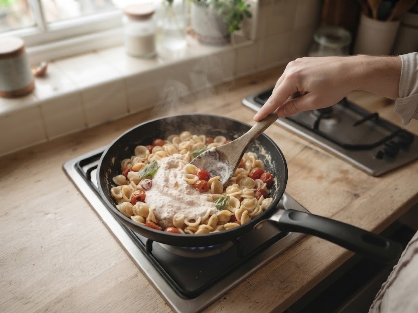 Orecchiette con Ricotta, Basilico e Pomodorini, passaggio 6