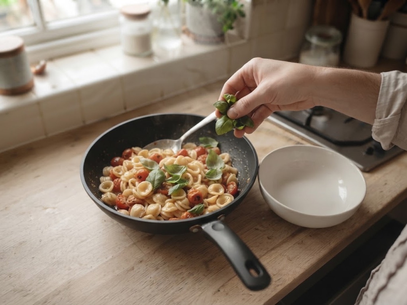 Orecchiette con Ricotta, Basilico e Pomodorini, passaggio 7