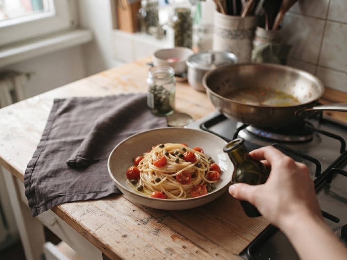 Pasta pomodorini e capperi, passaggio 6