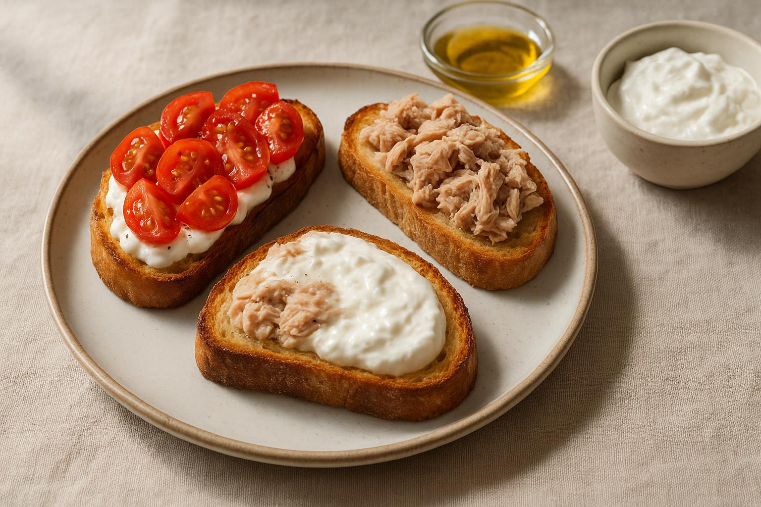 Bruschette (pomodorini, stracciatella, tonno/olio e sale/ stracciatella)