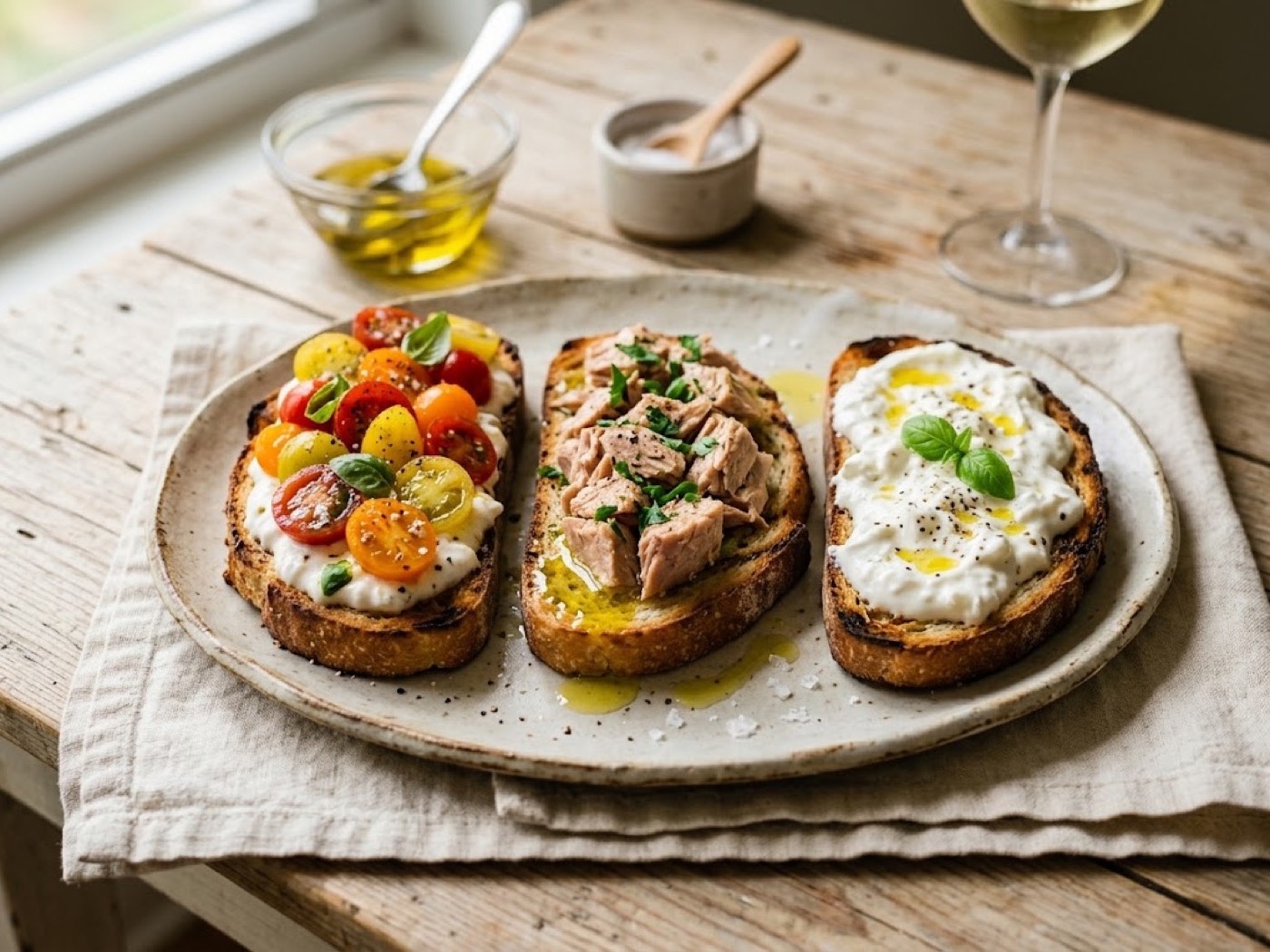 Bruschette (pomodorini, stracciatella, tonno/olio e sale/ stracciatella)