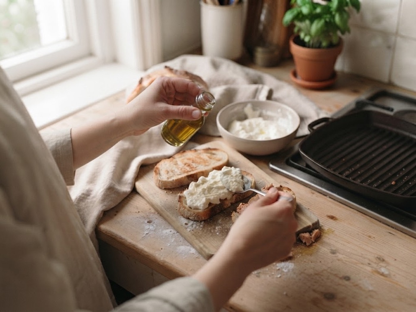 Bruschette (pomodorini, stracciatella, tonno/olio e sale/ stracciatella), passaggio 7