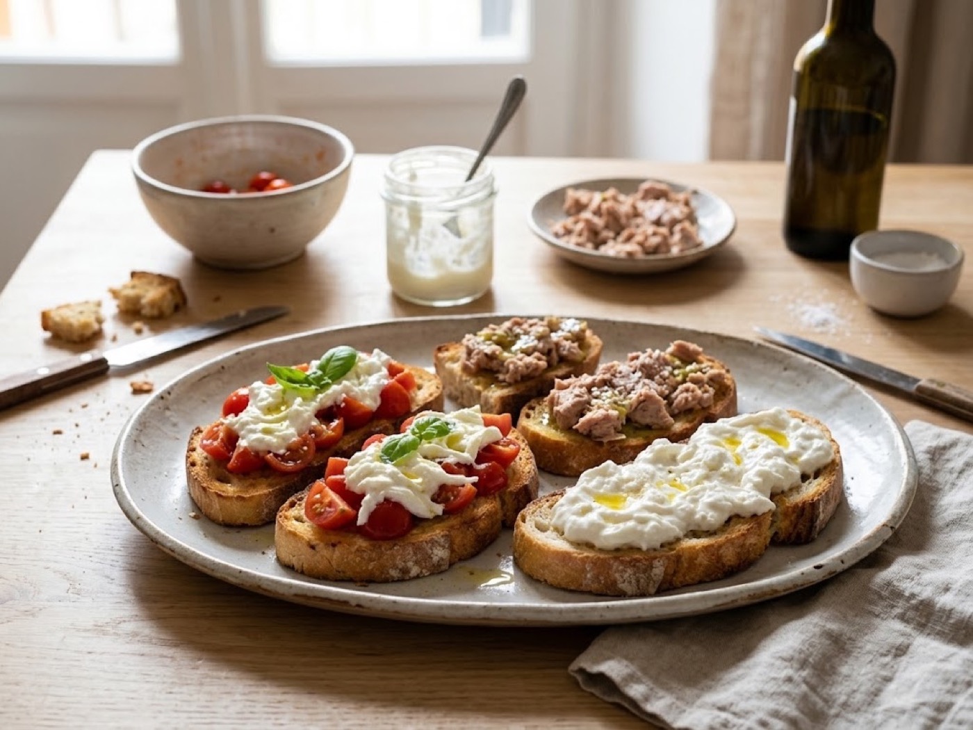Bruschette (pomodorini, stracciatella, tonno/olio e sale/ stracciatella), passaggio 8