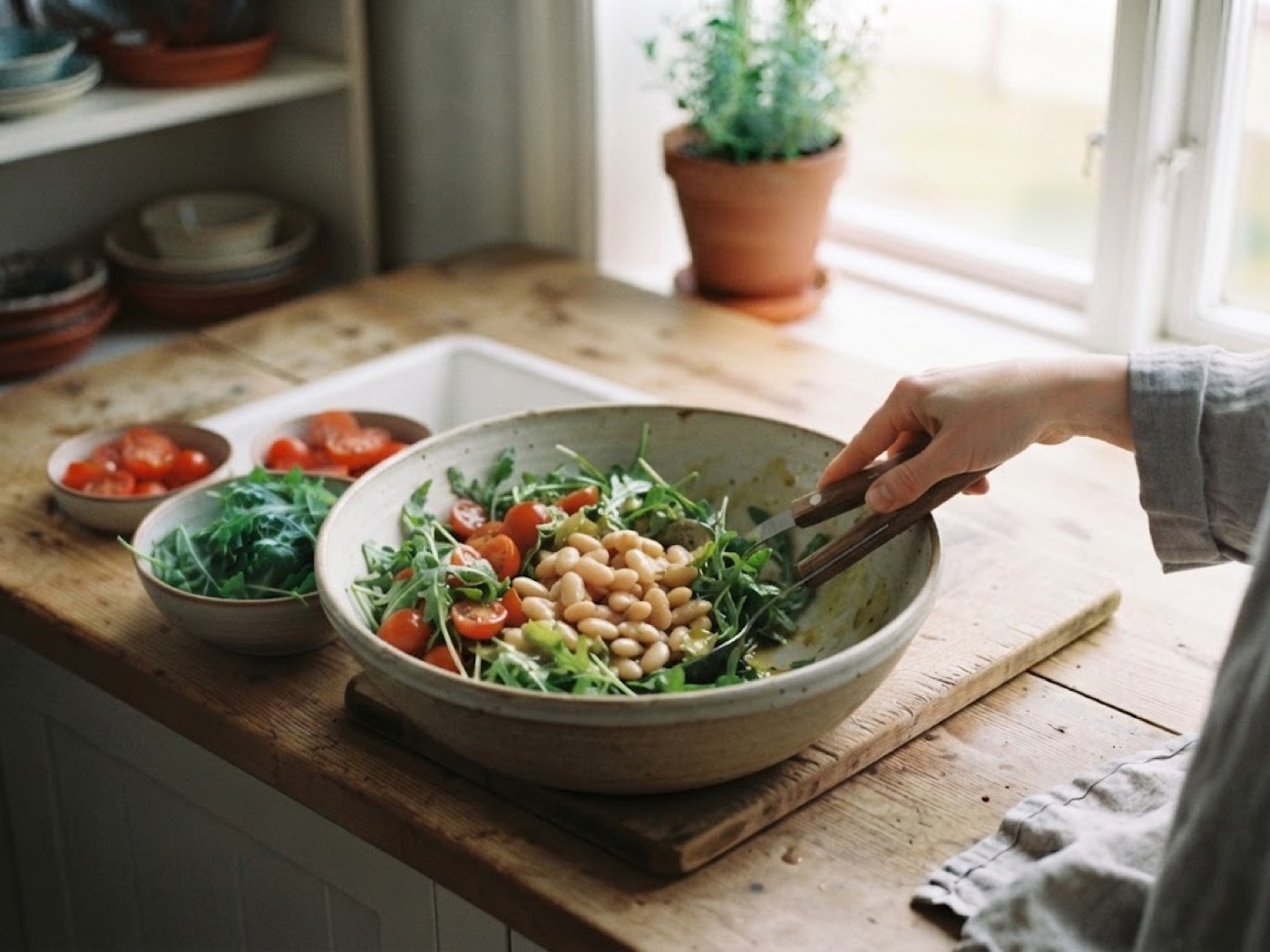 Insalata di lattuga, pomodori, fagioli, passaggio 5