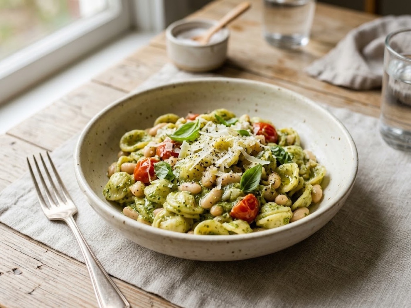 Orecchiette con cannellini e pesto