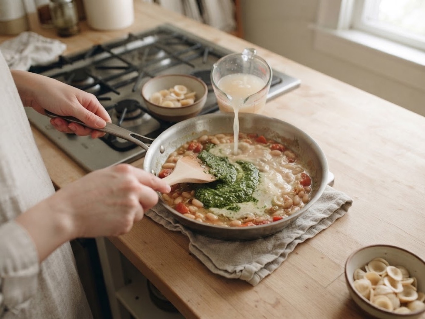 Orecchiette con cannellini e pesto, passaggio 5