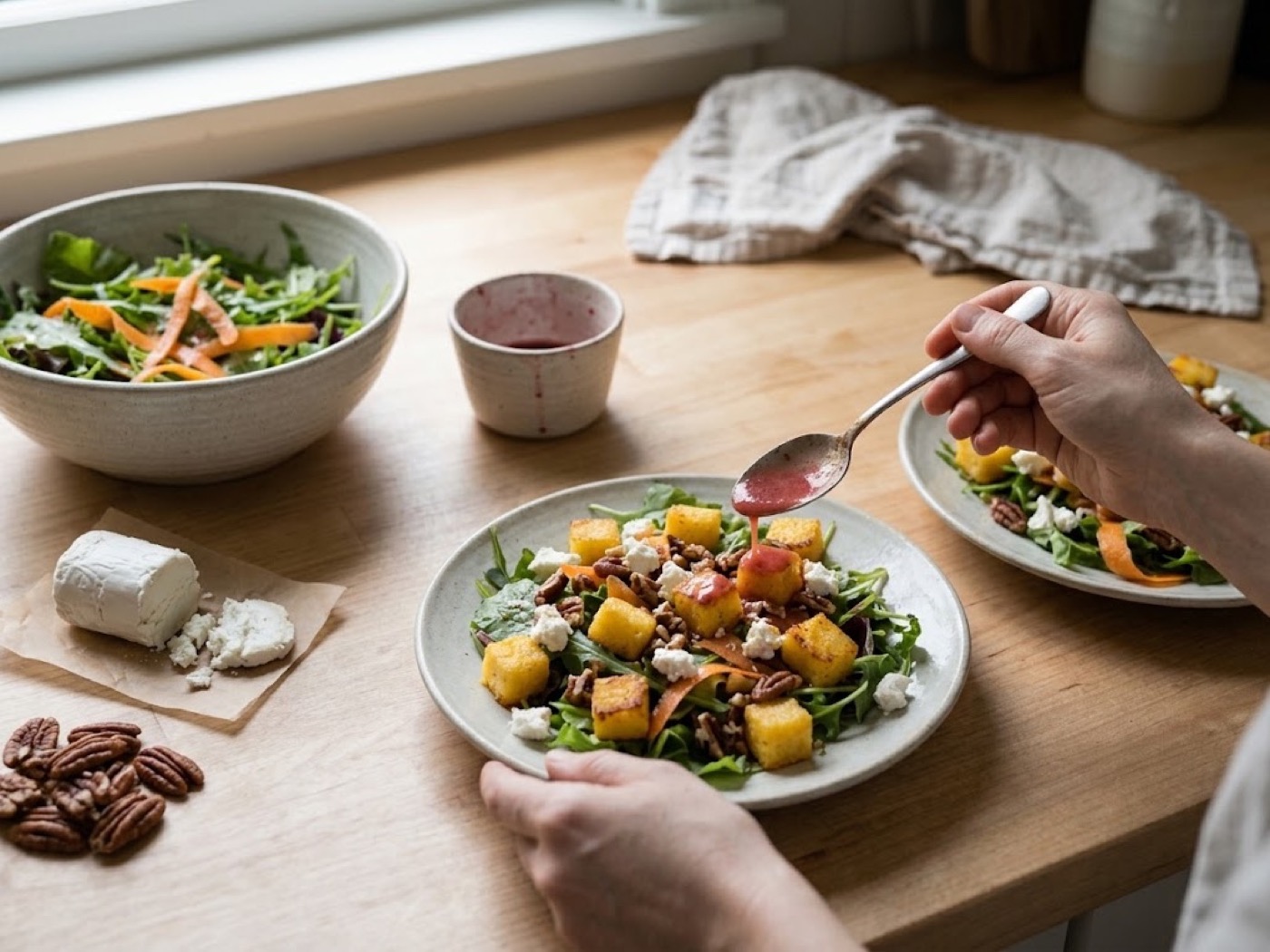 Insalata di polenta, insalata e caprino, passaggio 6