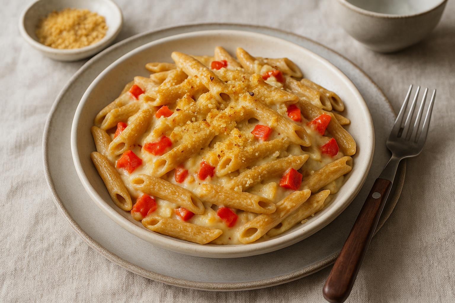 Penne al forno ai due formaggi e peperoni