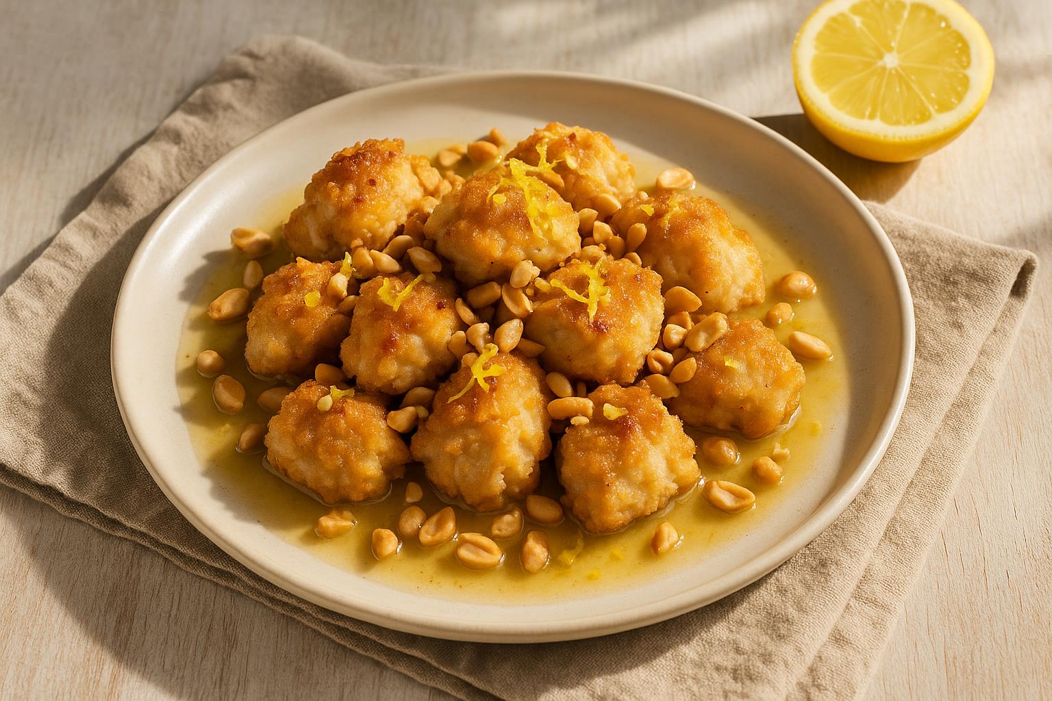 Bocconcini di pollo al limone e arachidi