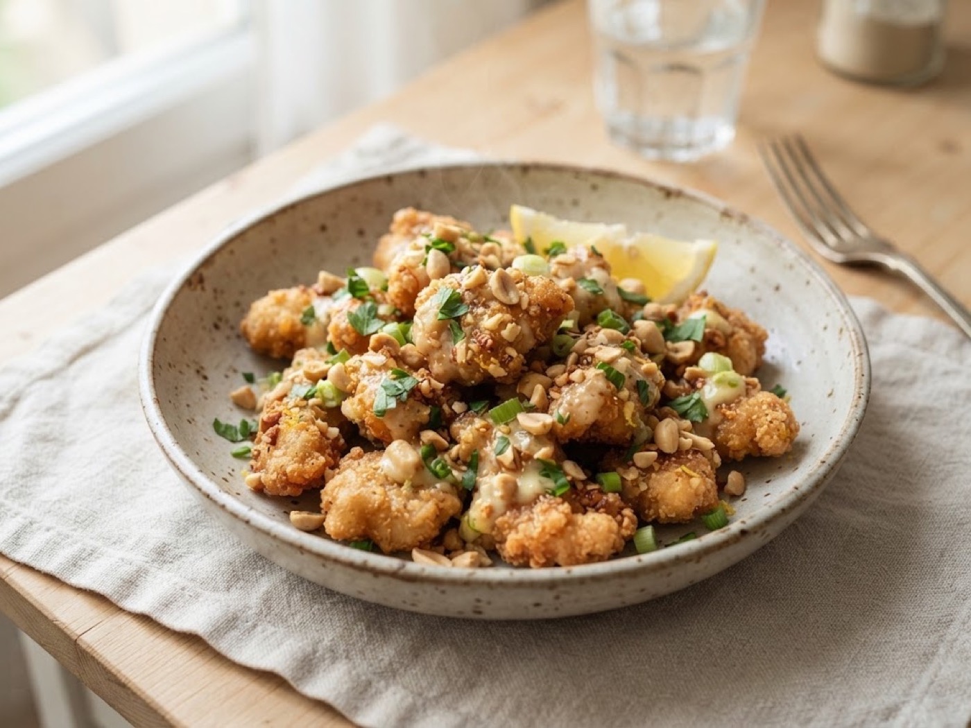 Bocconcini di pollo al limone e arachidi