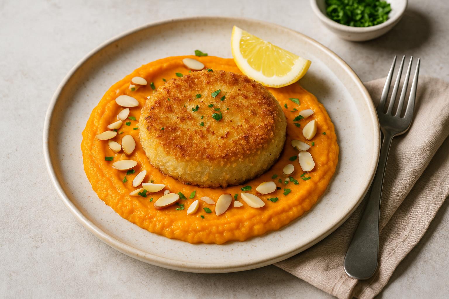 Burger di pesce impanati e purè di carote con mandorle e limone