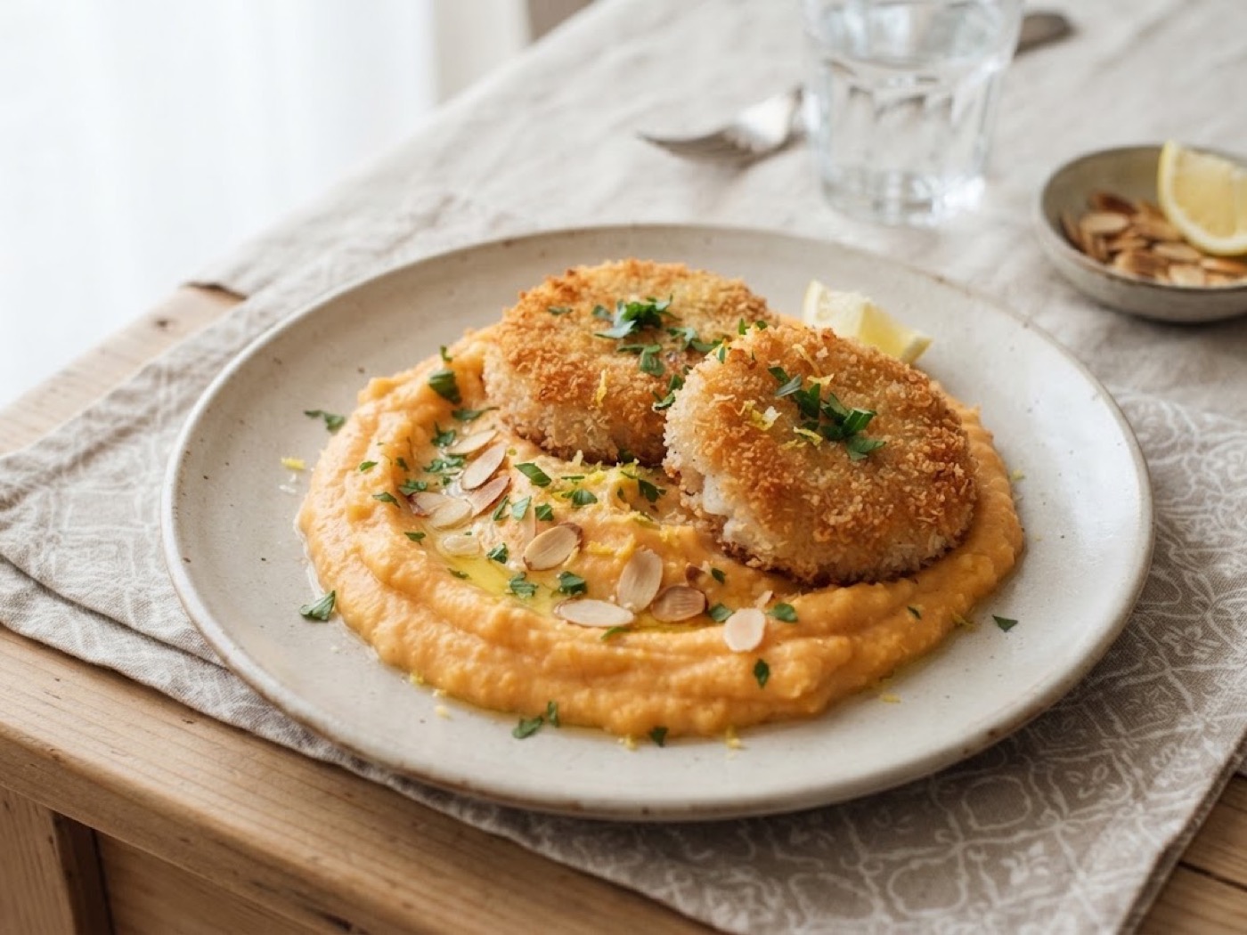 Burger di pesce impanati e purè di carote con mandorle e limone