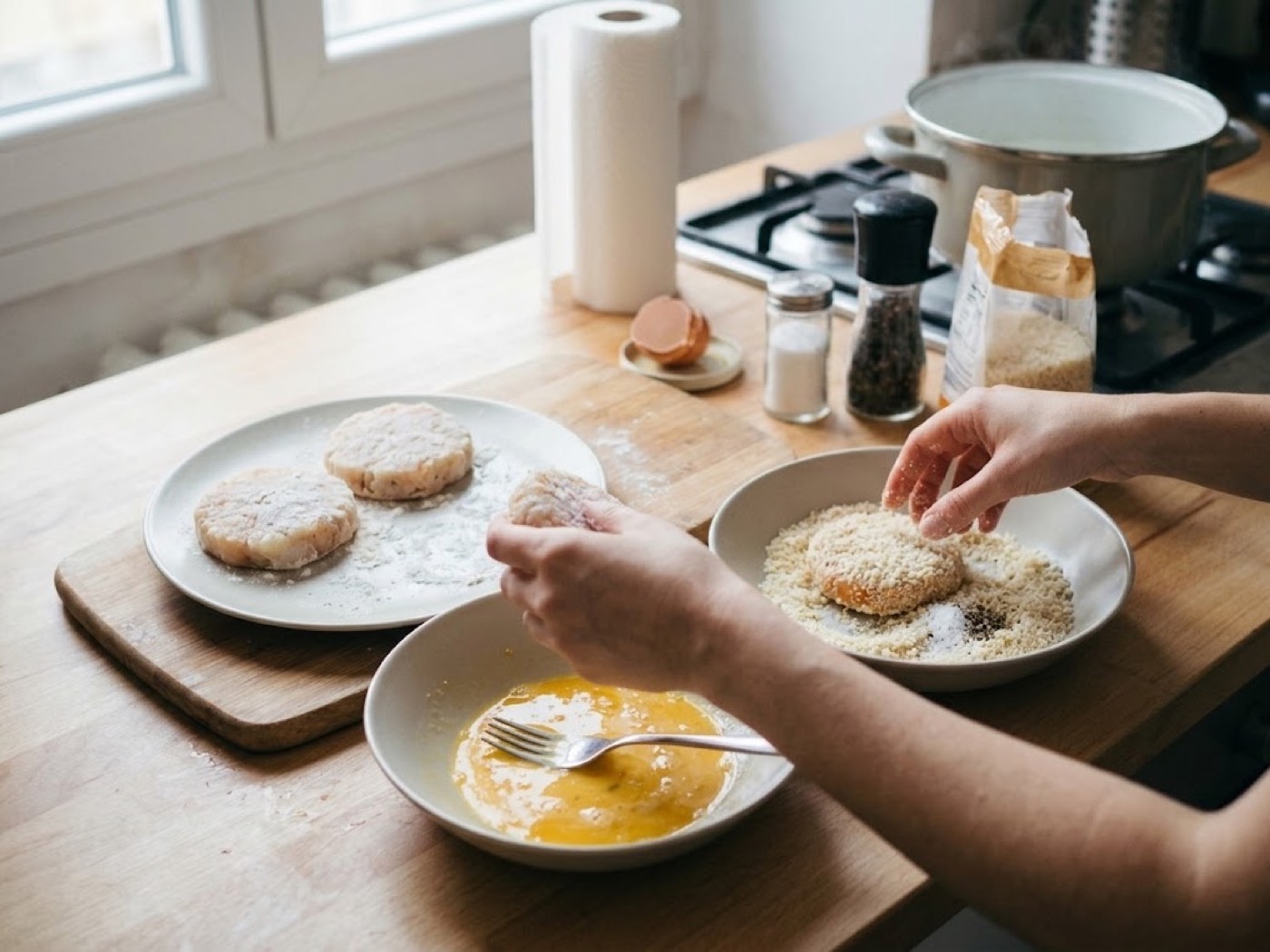 Burger di pesce impanati e purè di carote con mandorle e limone, passaggio 2