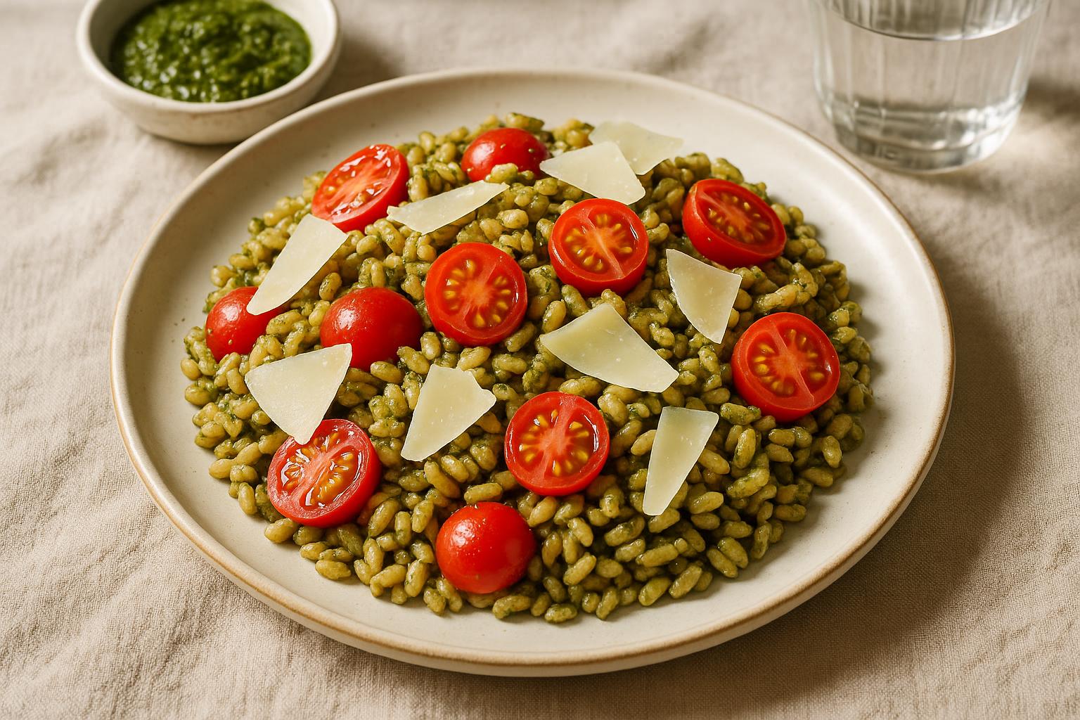 Insalata di farro con pesto, pomodorini e grana