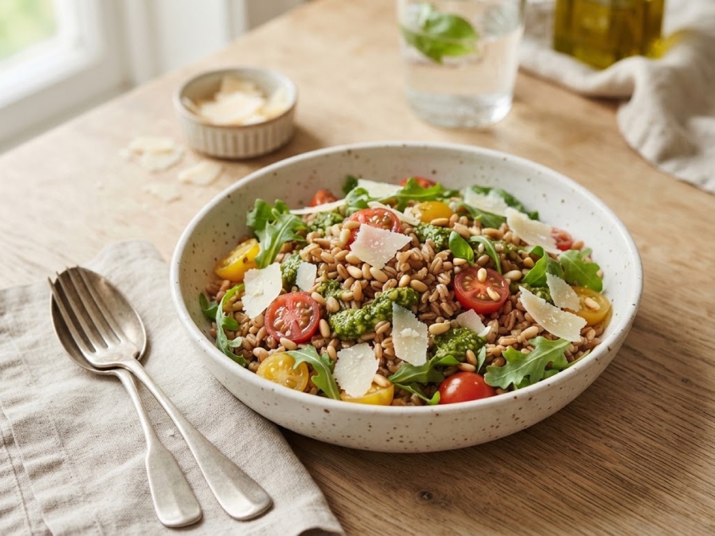 Insalata di farro con pesto, pomodorini e grana
