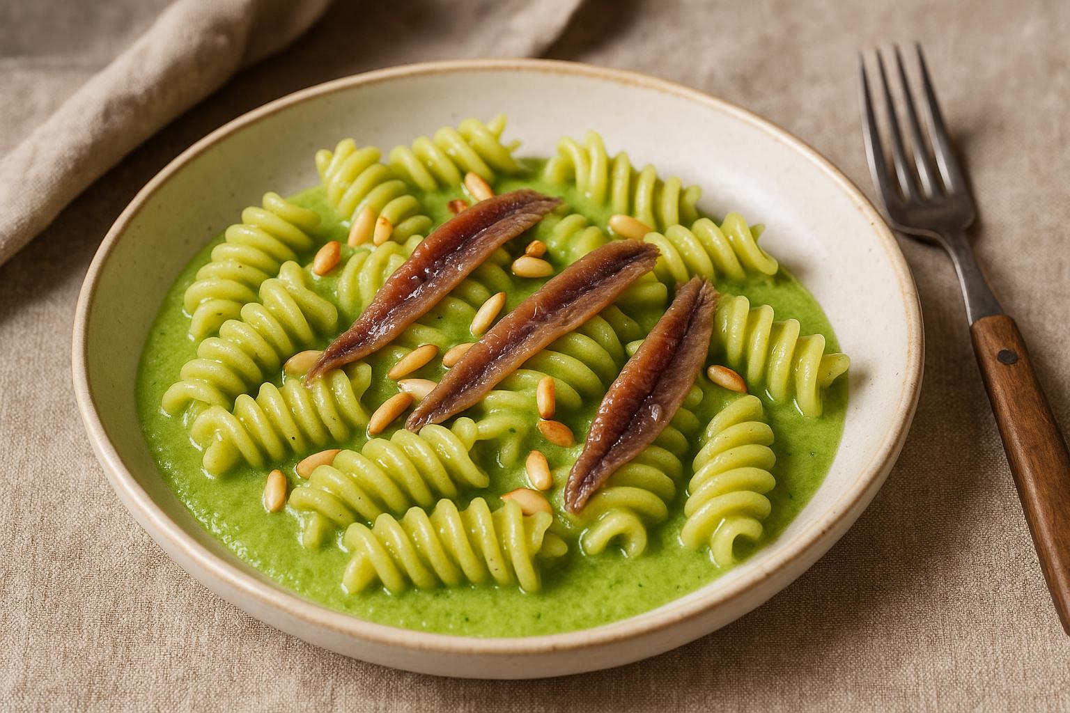 Fusilloni con crema di lattuga e alici marinate