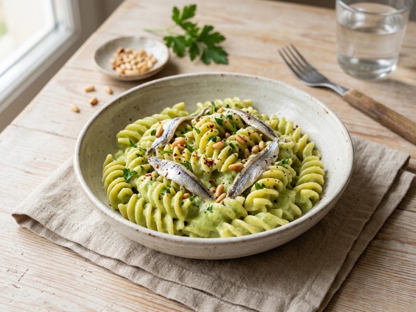 Fusilloni con crema di lattuga e alici marinate