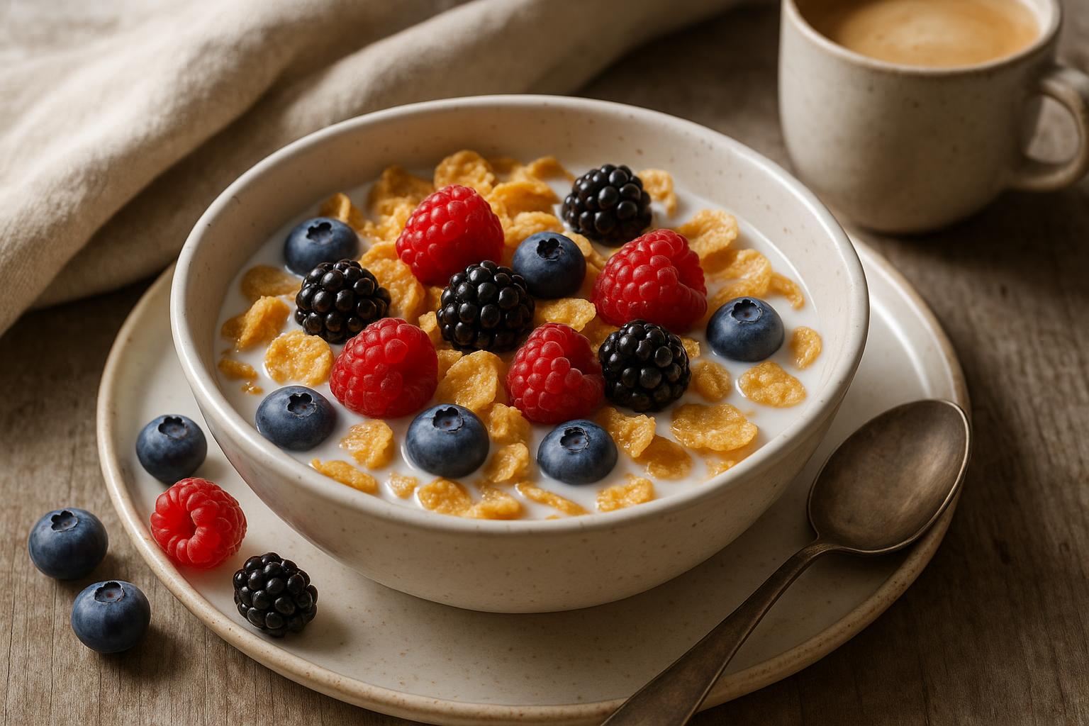 Cornflakes, latte e frutti di bosco