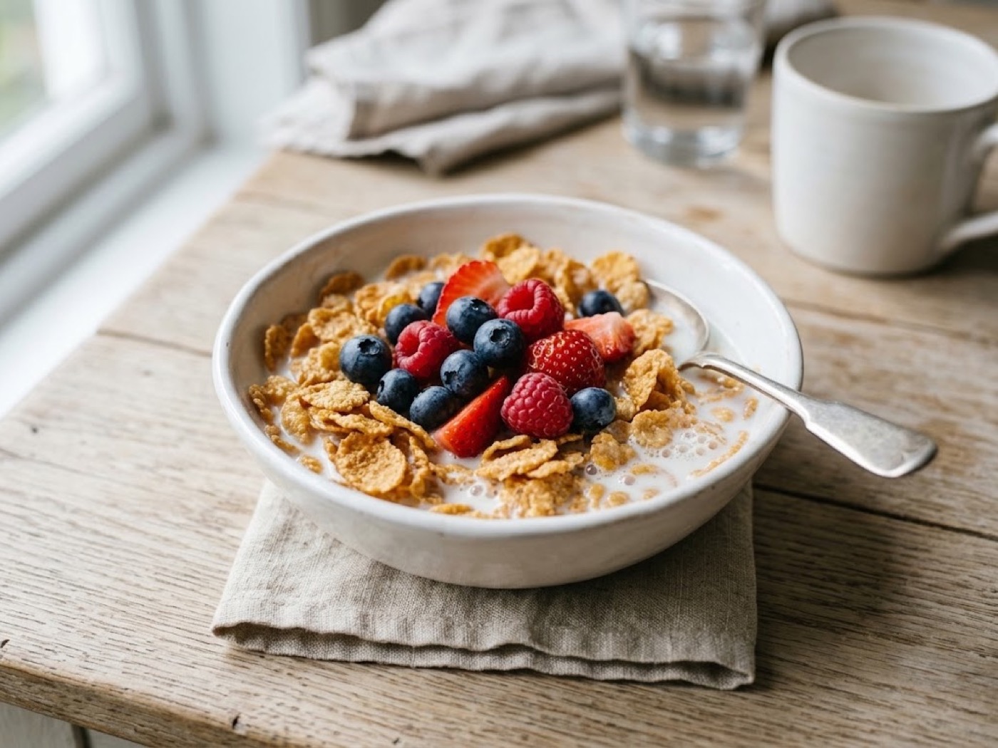 Cornflakes, latte e frutti di bosco