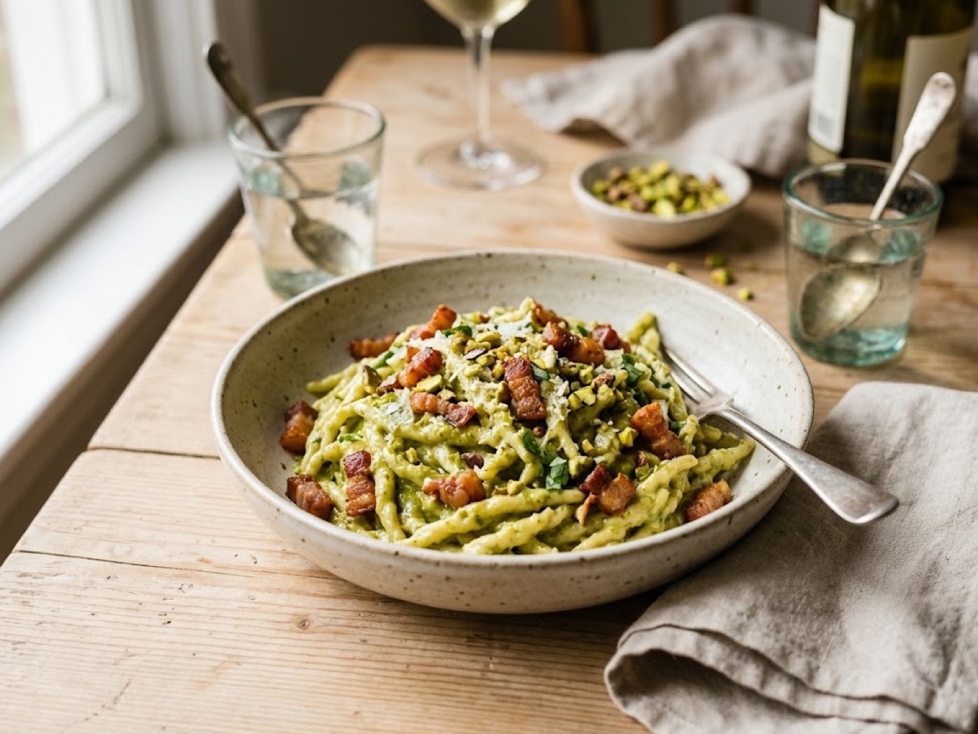 Pasta pesto di pistacchio e pancetta