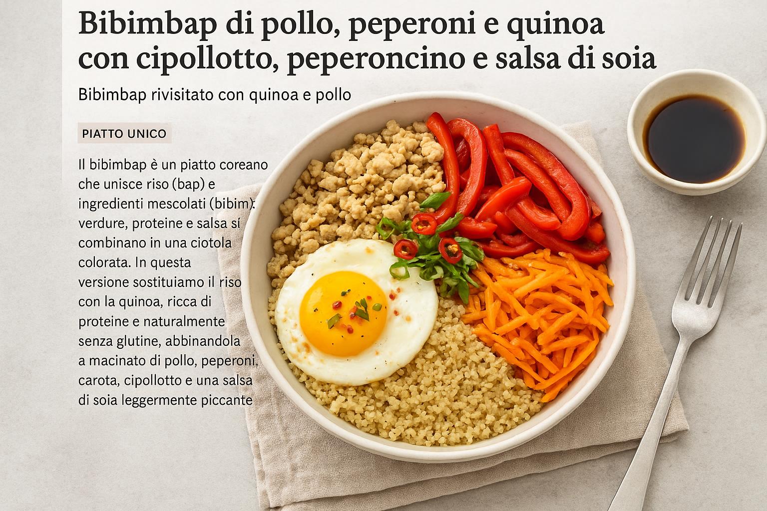 Bibimbap di pollo, peperoni e quinoa con cipollotto, peperoncino e salsa di soia