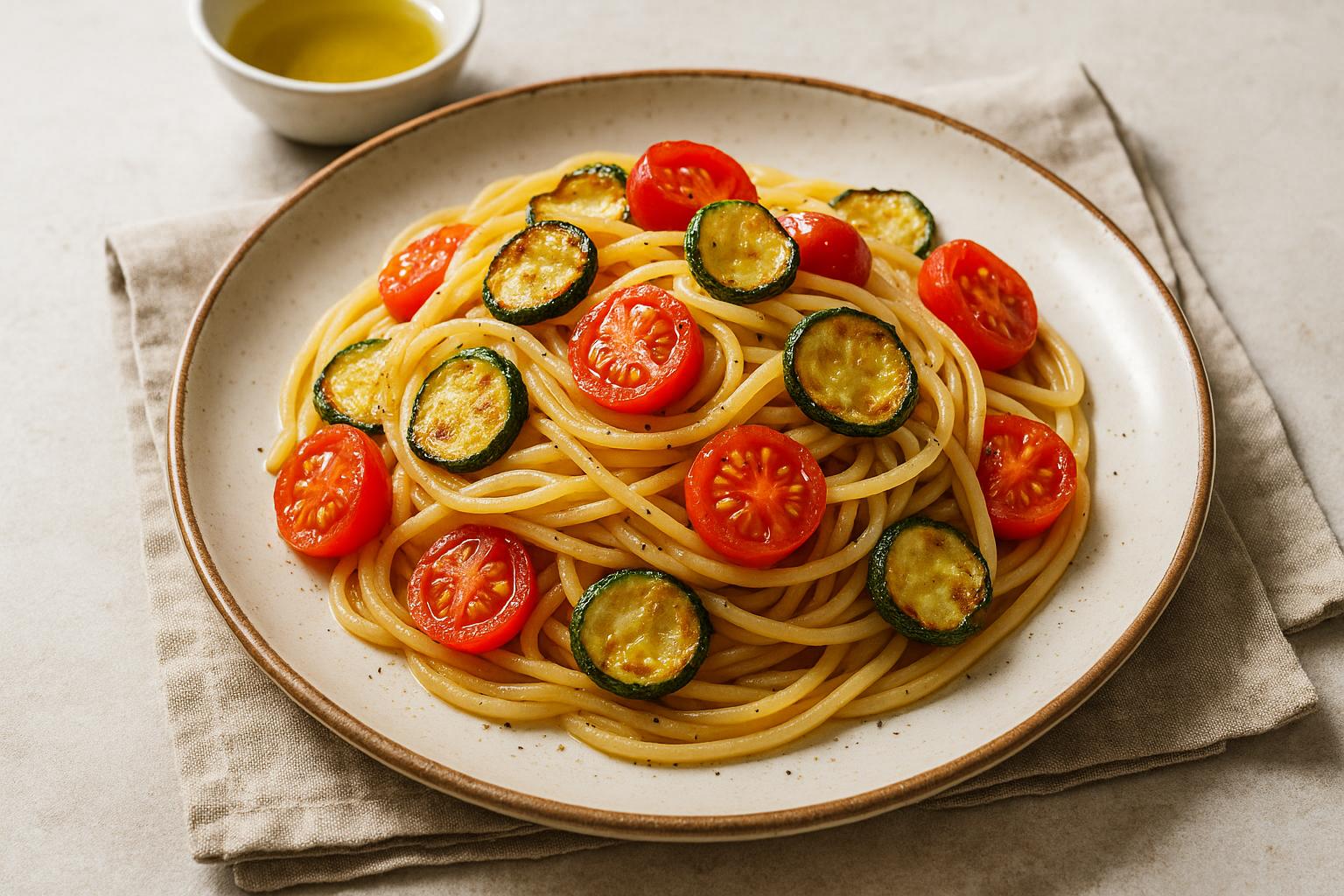 Spaghetti con pomodorini e zucchine croccanti