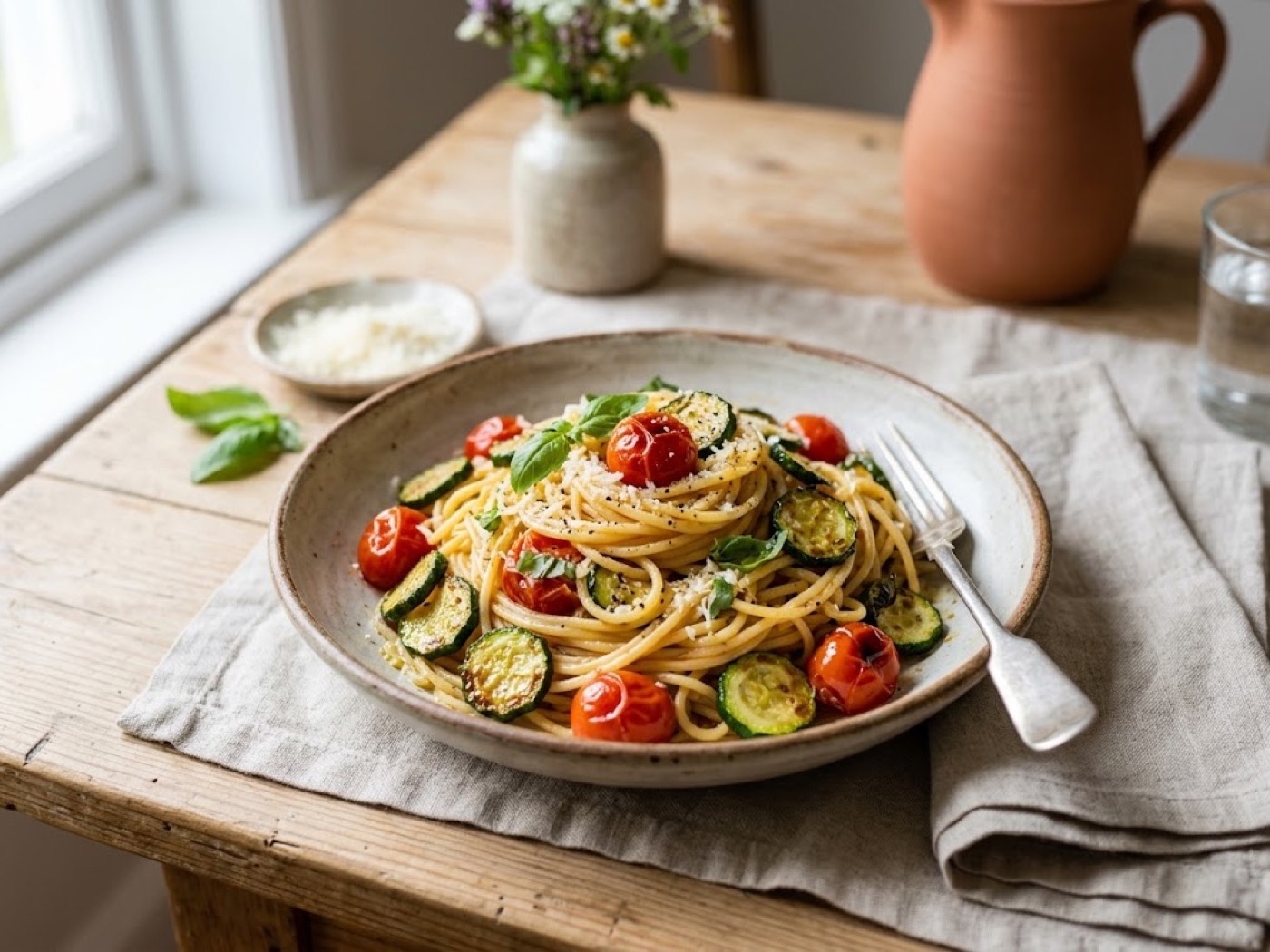Spaghetti con pomodorini e zucchine croccanti
