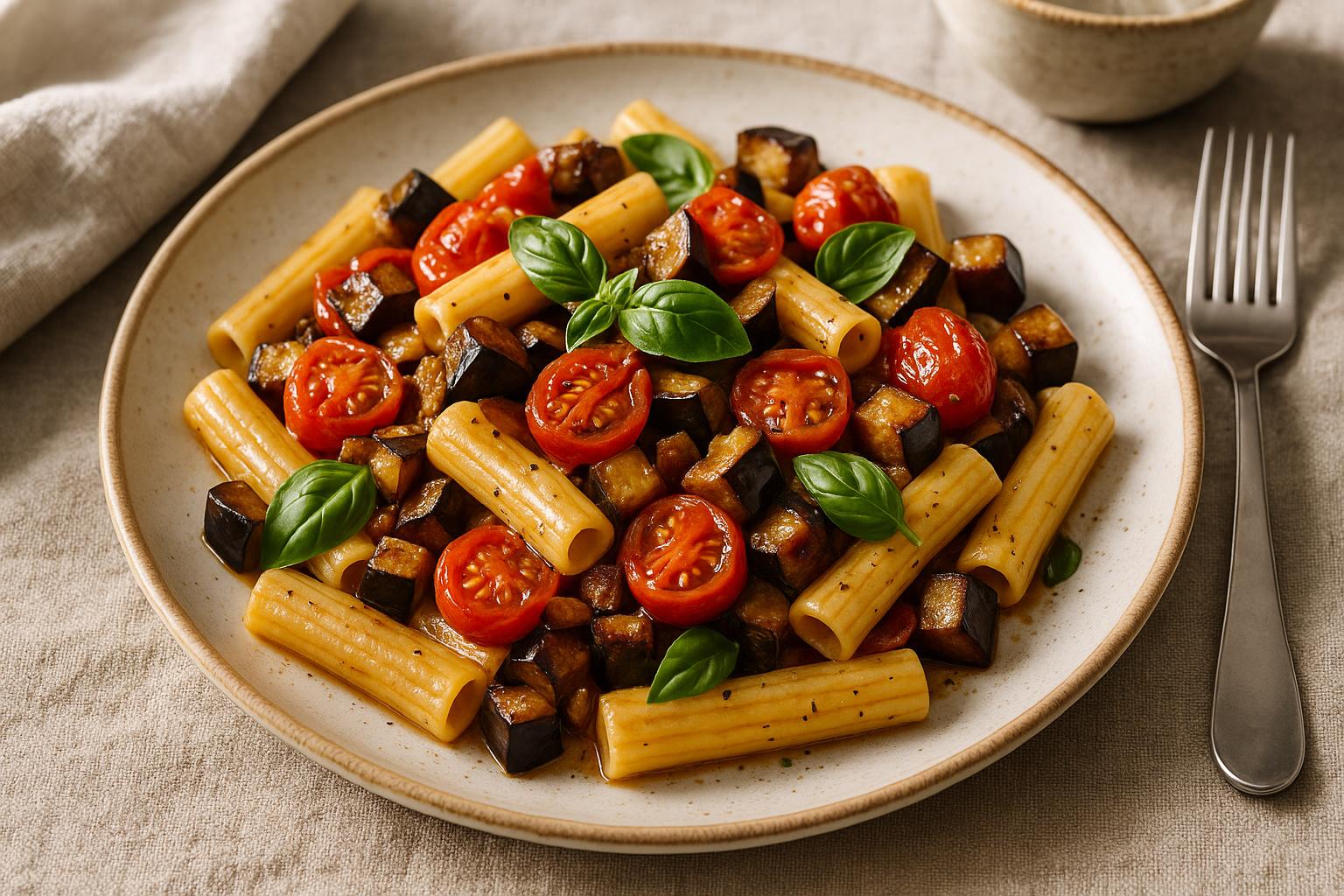 Pasta con melanzane e pomodorini alla siciliana