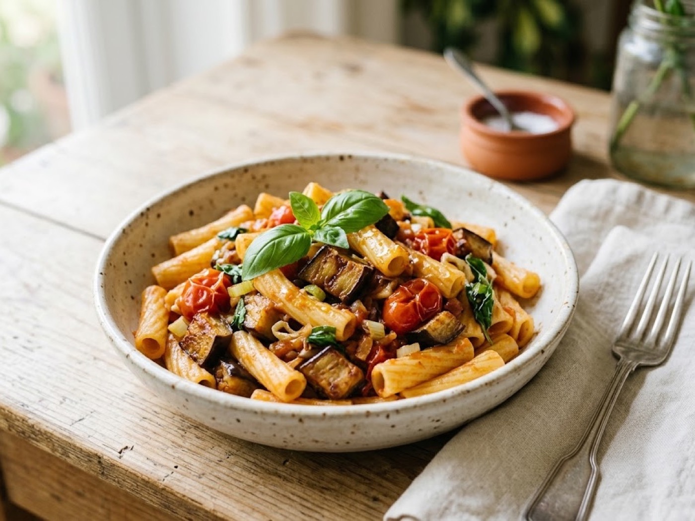 Pasta con melanzane e pomodorini alla siciliana