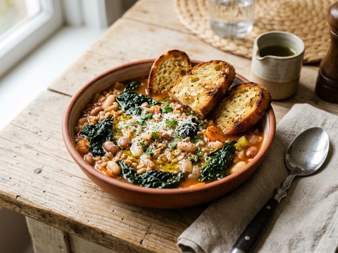 Zuppa Italiana con Cavolo Nero e Crostini all’Aglio